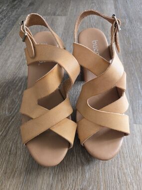 bucco Cognac Crisscross Wedge Sandals